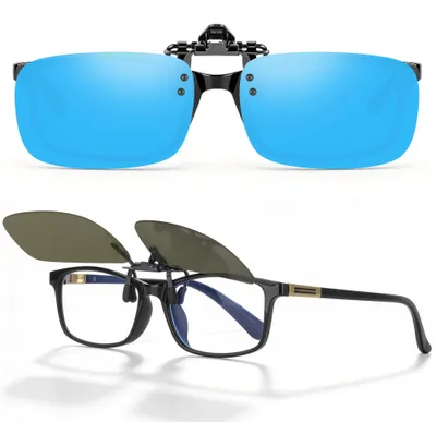 Zdjęcie produktu dla Okulary przeciwsłoneczne clip-on, polaryzacyjne, z ochroną UV400, niebieskie, przeznaczone dla osób noszących okulary korekcyjne