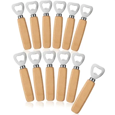 Produktbild von com-four® 12x Flaschenöffner aus rostfreiem Edelstahl - mit ergonomischem Buchenholz-Griff - Kapselheber ohne Logo - formschöner Bierflaschenöffner