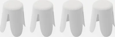 Four white stools are arranged in a row against a plain white background.