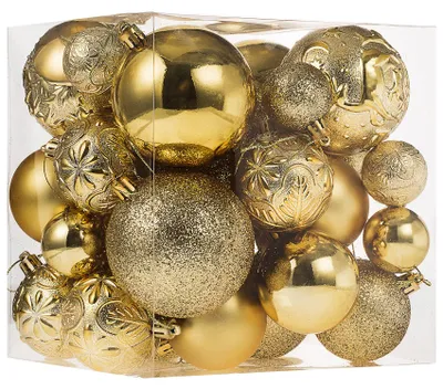 Weihnachtskugeln-Set, 32-teilig, gold, bruchsicher, Kunststoff, 4-8 cm