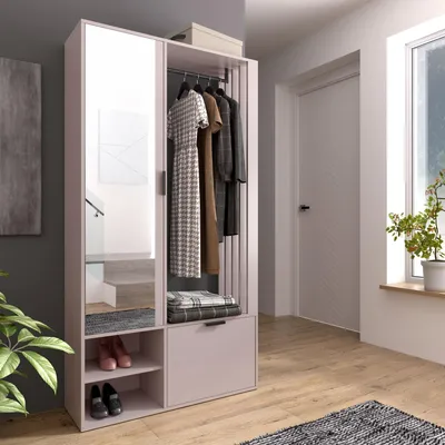 Obrázek produktu pro Sada věšáku se zrcadlem a lavicí - Kompaktní věšák 100 cm s tyčí na šaty, botníkem a úložným prostorem - Levý nebo pravý - Věšák do předsíně - Béžový, kašmírový - Lena Uni