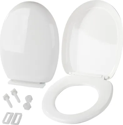 A white toilet seat and lid are displayed separately, along with installation hardware, on a white background.