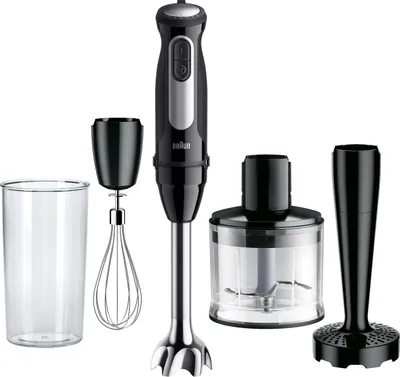 A set of kitchen appliances including a hand blender and its accessories, arranged on a white background.