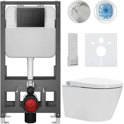 Productafbeelding van Hangtoilet met bidet, Basic/Cronus Premium - wit, glanzend - toiletknop Maxio/zwart - vrijstaand - wandcloset - 59,3 x 38,4 cm