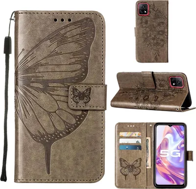 Produktbild von VIVO Y31S 5G Hülle, Schmetterling Prägung Flip Leder Kartenfächer Schutzhülle Ledertasche mit Ständer für VIVO Y31S 5G Grau
