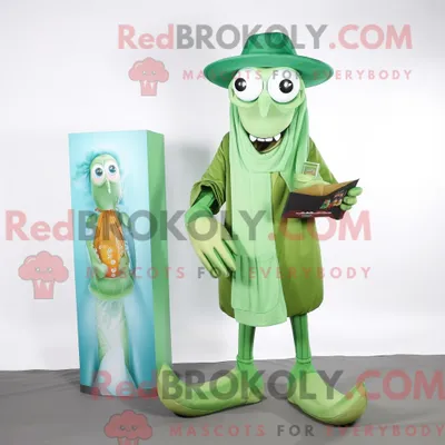 Immagine prodotto di Personaggio mascotte REDBROKOLY di un calamari fritto verde vestito con una maglietta a maniche lunghe e portafogli