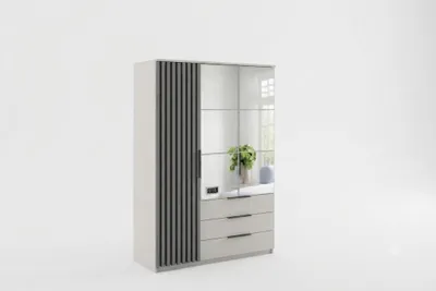 Produktbild von Torino Kleiderschrank - 150 x 61 x 215 cm, 3-türig 3 Schubladen, Lamellen Spiegel, Kashmir, Lamellen:Schwarz