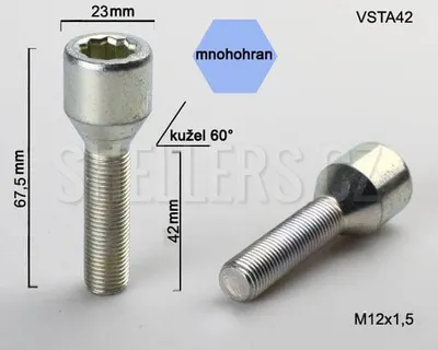 Obrázok produktu pre Skrutka kolesa M12x1,5x42 s vnútorným polygónom, VSTA42, priemer hlavy 23 mm, výška 67,5 mm