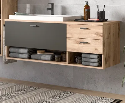 Produktbild von Waschtisch "Oderzo" in Eiche und grau 138 cm inklusive Waschbecken, Soft-Close