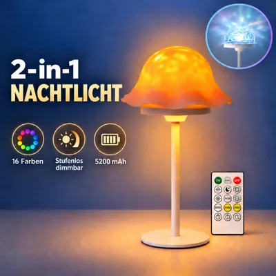 Produktbild von 2-in-1 LED Nachtlicht & Wasserwellen-Projektor, 16 RGB-Farben, 3 Farbtemperaturen, 5200-mAh-Akku, stufenlos dimmbar, geräuschlos, Fernbedienung, Timer