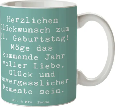 Produktbild von Mr. & Mrs. Panda Kaffeebecher Spruch 51. Geburtstag - Meeresbrise - Geschenk, Becher, unvergessliche Momente, besondere Anlässe, Feiern, Pott, Tasse, Glückwünsche, Alter