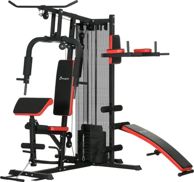Produktbild von Kraftstation, Multifunktionale Fitnessstation mit Butterfly- & Latzugstange, Curler, Brustpresse, Sit-Up-Bank, Fitnessgerät mit 65 kg Gewichtsblöcken für Zuhause, Schwarz