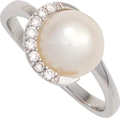 Produktbild von JOBO Damen Ring 585 Gold Weißgold 1 Süßwasser Perle 8 Diamanten Brillanten 0,10ct. Größe 52