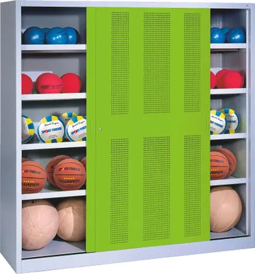 Produktbild von C+P Ballschrank mit Lochblech-Schiebetüren (Typ 4), HxBxT: 195x120x40 cm, Clowngrün (RAL 110 80 60), Lichtgrau (RAL 7035), Einzelschließung