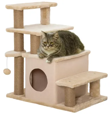 Produktbild von PawHut Haustiertreppe 3/4-stufige Hunderampe mit Schlafhöhle Katzentreppe Beige