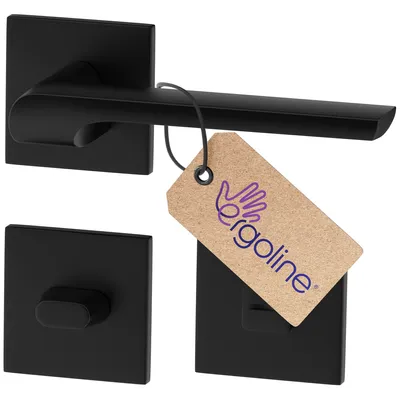 A black door handle set with a product tag attached.