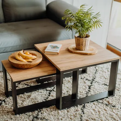 Produktbild von Couchtisch Set von 2 Holz mit Schwarzem Rahmen - Ideal für das Wohnzimmer