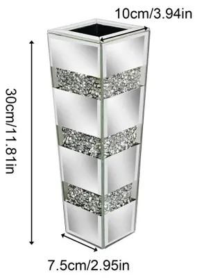 Zdjęcie produktu dla Wazon - Dekoracyjny wazon 10x30 cm - Rozbite kryształy diamentowe - Błyszczące srebro - Szkło i kryształ - Do kwiatów suszonych - Dekoracja stołu i wnętrz