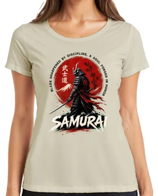 Immagine prodotto di Maglietta da donna con stampa ispirata ai samurai, al Bushido, al Giappone, alla katana, ai guerrieri, al Monte Fuji, al sole, in stile retrò anni 2000, con scritta "Ronin". Taglia: S