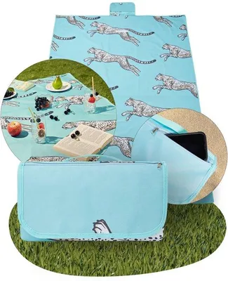 Productafbeelding van Ibenzoa® Buitenpicknickdeken – 200 x 150 cm, opvouwbaar met draaghandvat, blauw cheeta-patroon, geschikt voor strand, tuin en camping