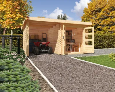 Produktbild von Gartenhaus Blockbohlenhaus Gerätehaus Bastrup 2 im Set mit Anbaudach 2 m breit, 28 mm Seiten - und Rückwand naturbelassen 419x237x217 cm
