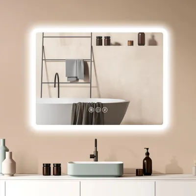 Produktbild von Badspiegel-mit-Beleuchtung 100x60cm - Badezimmerspiegel LED Badezimmer Spiegel mit Beleuchtung, Touch-Schalter, Dimmbar, 3 Lichtfarben, Wandspiegel