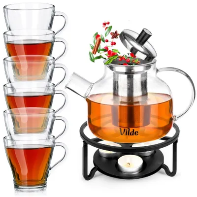 Produktbild von Vilde | Teekanne mit Sieb 850 ml - Glaskanne mit Stövchen - 6 Gläser 250 ml - Spülmaschinenfest