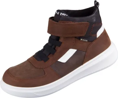 A single brown high-top sneaker with white soles and black laces is shown against a white background.