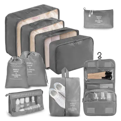 Produktbild von 10-teiliges Set Packwürfel, Wasserdichter Koffer Organizer mit Schuh- & Kosmetiktasche, Praktische Packhilfe für Reise, Business und Freizeit（Grau）