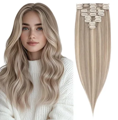 Immagine prodotto di Estensioni per capelli da applicare, capelli naturali, colorazione balayage biondo cenere, 45 cm, confezione da 8 pezzi