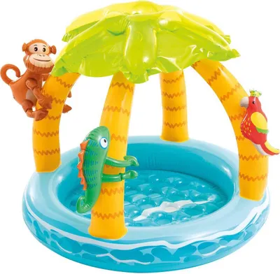 Produktbild von INTEX Planschbecken, 102x86cm, 45 Liter, Tropical Island mit Palmen-Sonnenschirm & aufblasbaren Tieren, Vinyl, 58417NP