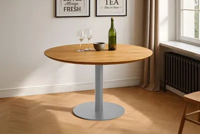 Produktbild von Bistrotisch Schweizer Kante massiv Eiche geölt 90 cm Säulengestell-rund silber BRASILIAN