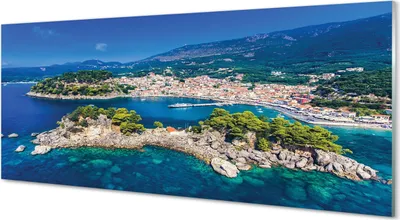 Produktbild von Glasbilder 125x50 Wandkunst Griechenland Panorama Seestadt