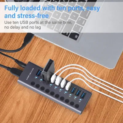 Obrázok produktu pre 985A 10-portový rozbočovač USB 3.0, USB rozbočovač, USB dokovacia stanica, vysokorýchlostný prenos 300 MB/s s individuálnymi prepínačmi, napájací adaptér 12 V 5 A pre notebooky, PC, smartfóny, tablety, klávesnice a myši