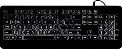 A black keyboard with white illuminated keys is shown from a top-down perspective.