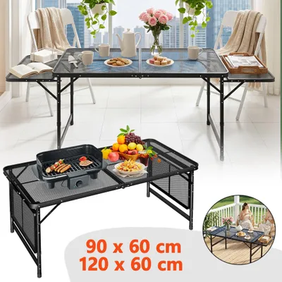 Zdjęcie produktu dla Stół kempingowy UISEBRT, czarny, 90x60 cm, rozkładany, składany, z regulowaną wysokością, wykonany z aluminium, z blatem z siatki, idealny do użytku na zewnątrz, na kempingu i w ogrodzie