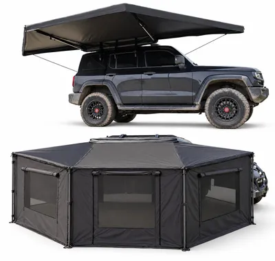 Produktbild von Dachzelt Autodachzelt 180° Markise mit Vorzelt und LED 694x328cm (255x14x17cm eingeklappt) Schwarz Camping Auto