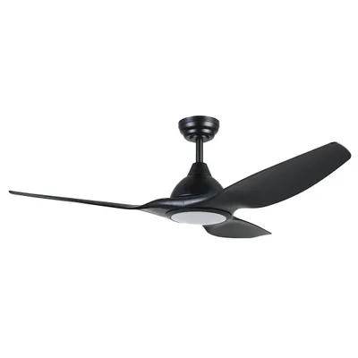 A black ceiling fan with three blades is displayed against a white background.