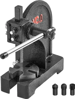 A black cast iron arbor press with a red 'NO.0' marking on the flywheel, shown on a white background with three interchangeable punch tips in the foreground.