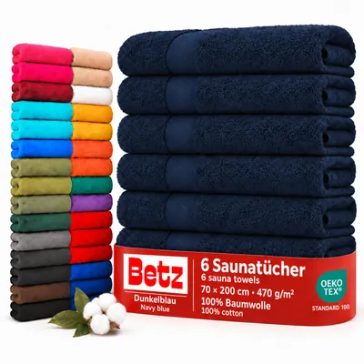 Image de Betz, lot de 6 serviettes de sauna, 70 x 200 cm, qualité PREMIUM, 100% coton. Serviette de bain, serviette de plage, serviette de sol. Couleur : bleu foncé