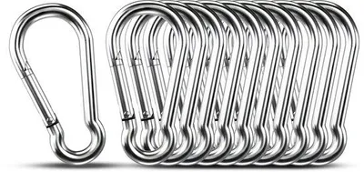 Image de Mousquetons robustes, lot de 10, 40 cm, capacité de charge de 30 kg, mousquetons métalliques, pour le camping et la randonnée, en acier inoxydable 304.