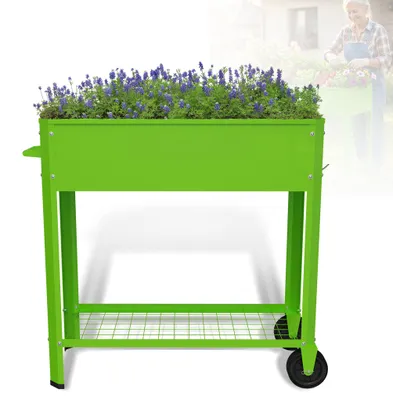 Produktbild von LZQ Hochbeet Metall mit Rollen 80x35x80 cm Grün, Pflanzkasten aus verzinktem Stahl für Kräuter und Gemüse, mit Ablageboden, Haken und wetterfester Ausführung für Balkon, Terrasse und Garten