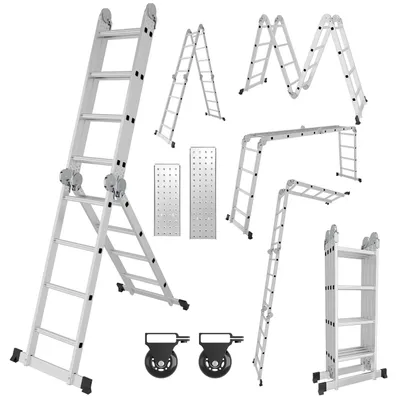 Immagine prodotto di ISOISL Scala multifunzione 7in1, con 4 gradini, altezza circa 470 cm / 4,7 metri, scala a sbarra in alluminio con 2 piattaforme, 2 ruote, portata massima 150 kg