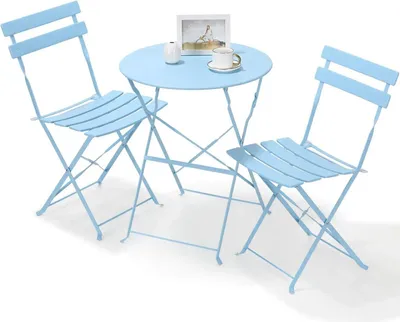 Image de Mobilier de jardin - Ensemble bistro 3 pièces - Table pliante en métal avec 2 chaises - Pour balcon, terrasse, jardin - Bleu ciel