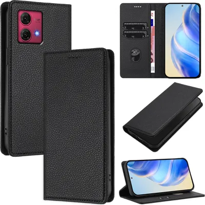 Produktbild von Litchi Leder Handyhülle für Motorola Moto G84 Wallet Kartenfächer Standfunktion Hülle Schwarz