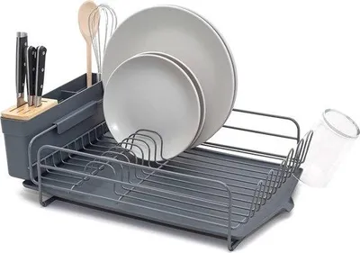 Produktbild von Famanu Abtropfgestell für Geschirr - Mit Besteckhalter und Abtropfschale - Grau - Küchenorganisator