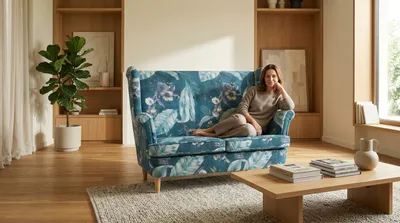 Produktbild von Ohrensofa ARI Spring – im skandinavischen Stil, Stoff in Blau, Family Meble, KI-generiertes Bild