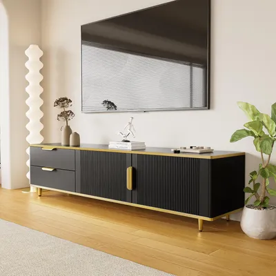Image de MODFU Meuble TV Noir avec 2 Portes et 2 Tiroirs, Meuble Bas Contemporain avec Poignées Dorées - Structure en Panneaux de Particules - 175x40x45 cm