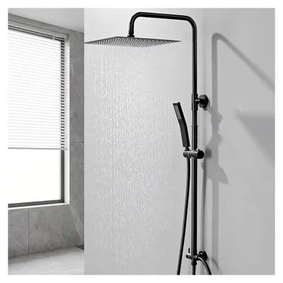 Produktbild von Regendusche ohne Armatur, Duschgarnitur Schwarz, Edelstahl Duschsystem mit eckigem Regendusche Duschkopf 30cm x 30cm, Messing-Wasserteiler, höhenverstellbare Duschstange