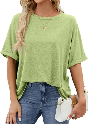 Image de T-shirt ASKSA Femme Eté Manches Courtes Oversized Col Rond Tops Casual Basic Tee Hauts, Vert Clair, Taille : XXL